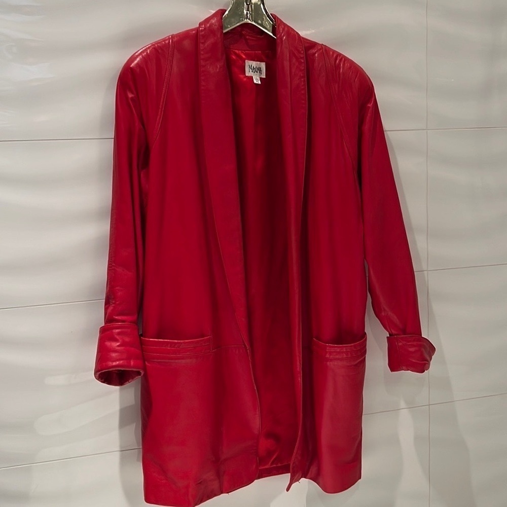 Vintage 80’s 90’s Red Leather Jacket Coat Oversized Dolman Sleeve Shoulder Pads